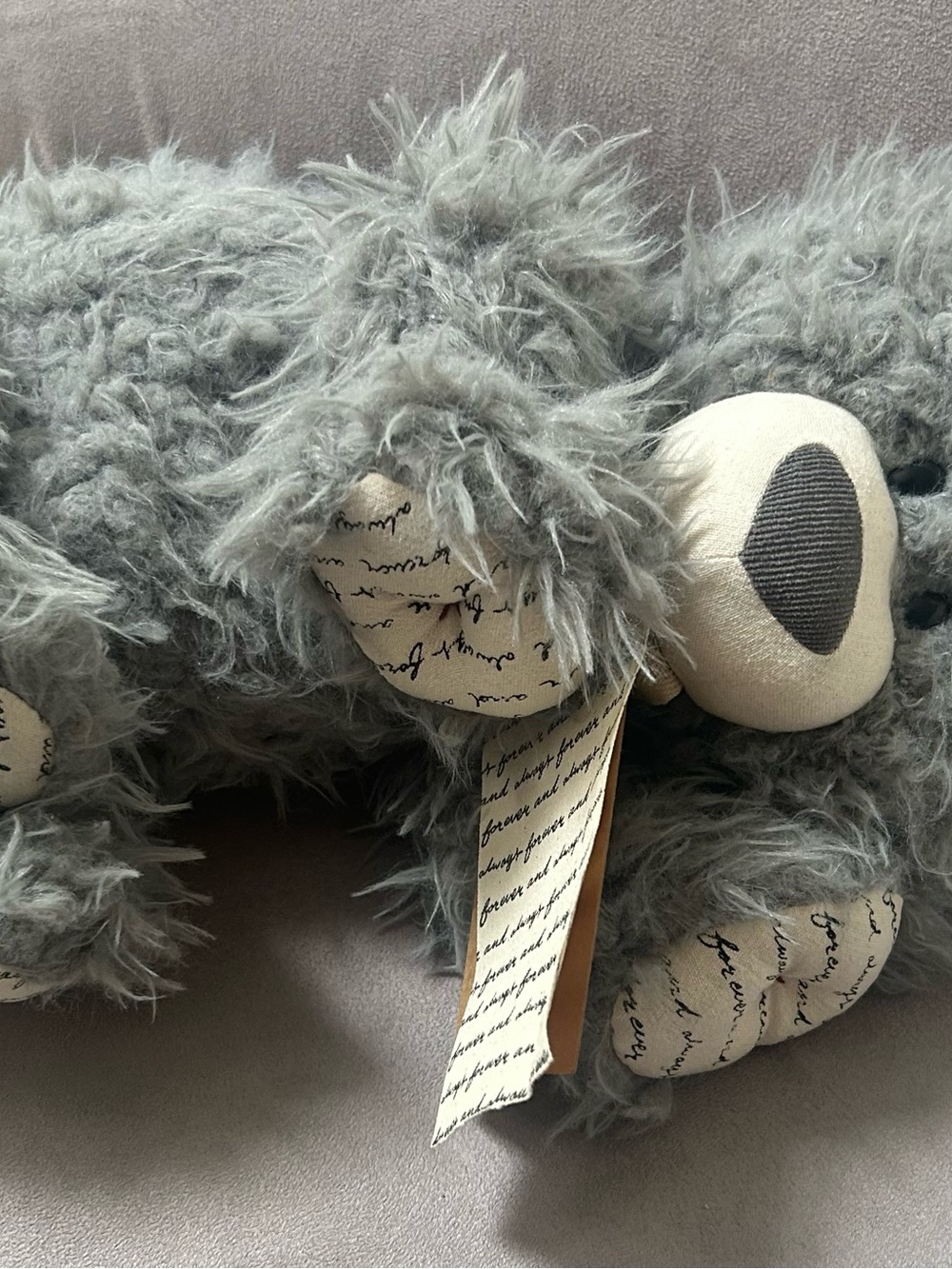NWT Gray and Cream Shaggy Soft Plush Bear Friend with Cursive Love Messages